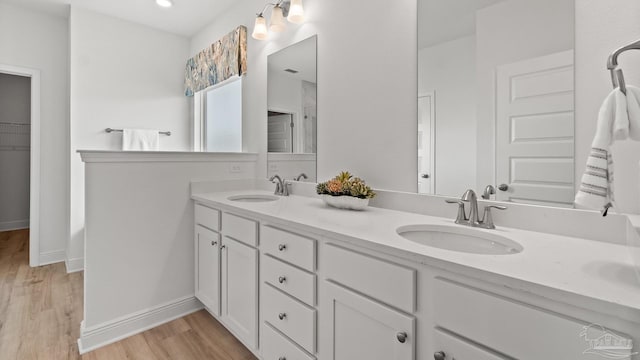 bathroom with double vanity, wood finished floors, and a sink