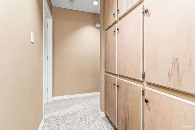 hallway with a textured ceiling and light colored carpet