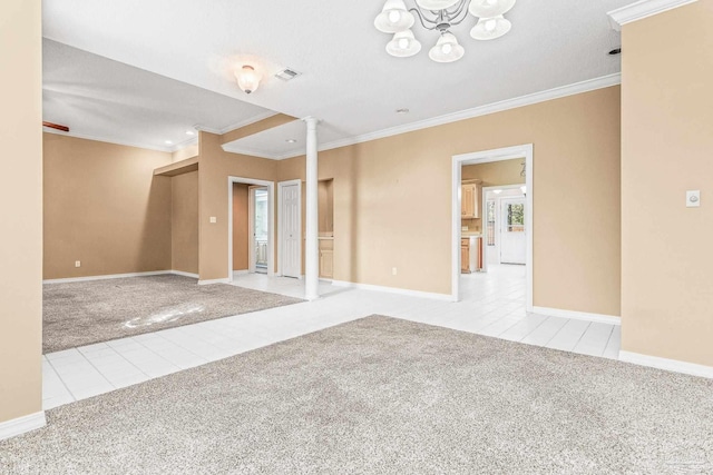 tiled empty room featuring ornamental molding and an inviting chandelier