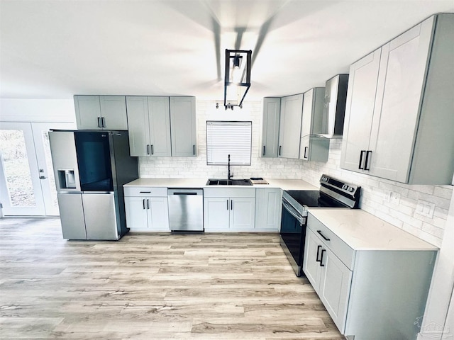 kitchen featuring gray cabinetry, sink, wall chimney exhaust hood, and appliances with stainless steel finishes