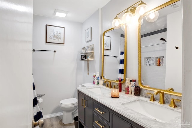 bathroom featuring vanity, wood-type flooring, and toilet