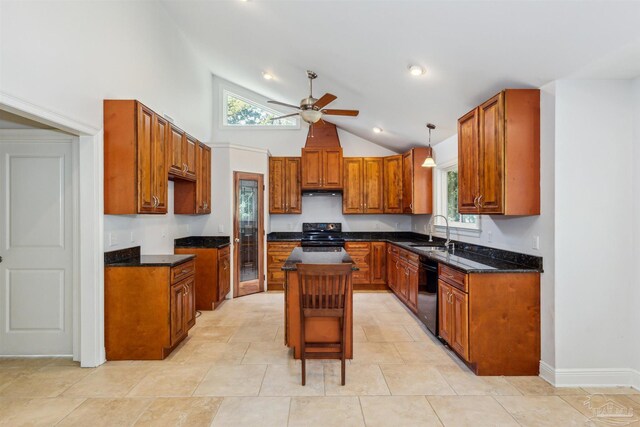 6814 Cedar Lake Dr, Pensacola, FL 32526 - kitchen with ceiling fan, brown cabinets, a center island, black appliances, and a sink