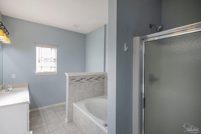 bathroom featuring separate shower and tub, tile patterned flooring, and vanity