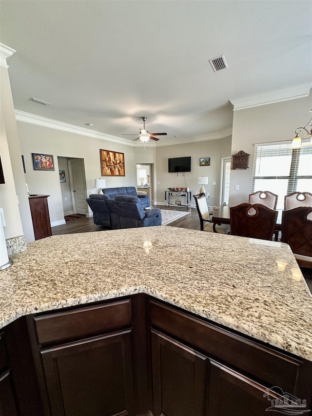 kitchen featuring hardwood / wood-style flooring, dark brown cabinetry, light stone counters, ceiling fan, and ornamental molding