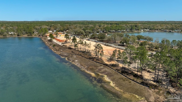 drone / aerial view featuring a water view and a wooded view
