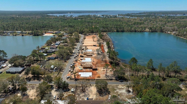 drone / aerial view with a view of trees and a water view