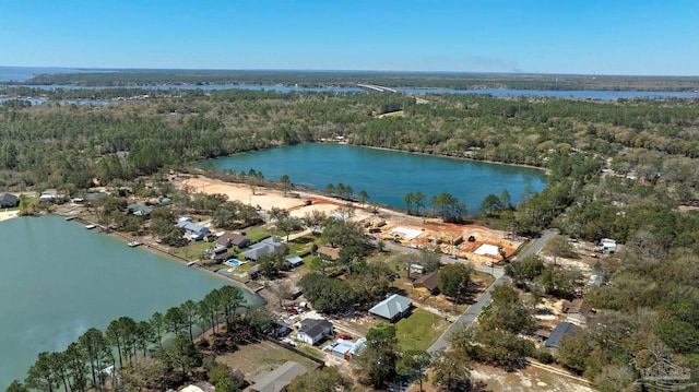 drone / aerial view with a water view and a wooded view