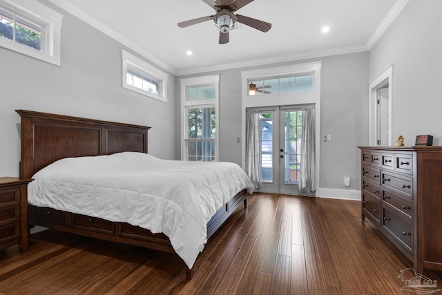 bedroom featuring crown molding, access to exterior, french doors, multiple windows, and dark wood-type flooring
