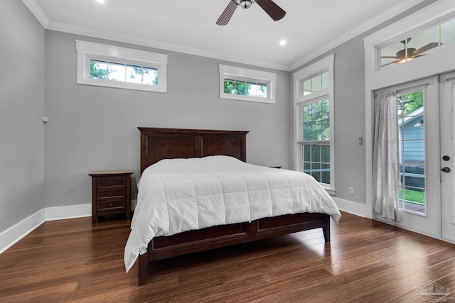 bedroom with ornamental molding, access to exterior, wood finished floors, baseboards, and ceiling fan