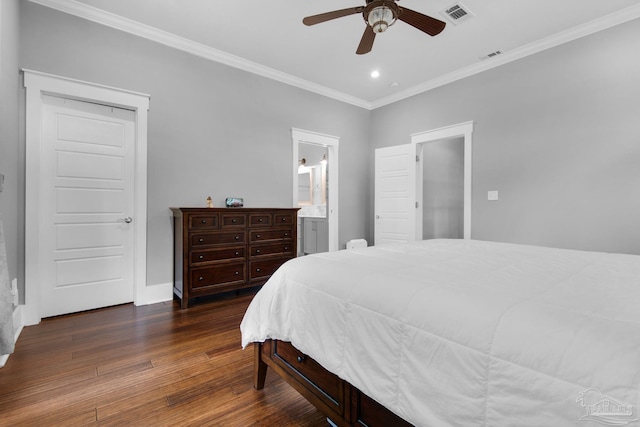 bedroom featuring wood-type flooring, crown molding, recessed lighting, baseboards, and ensuite bath