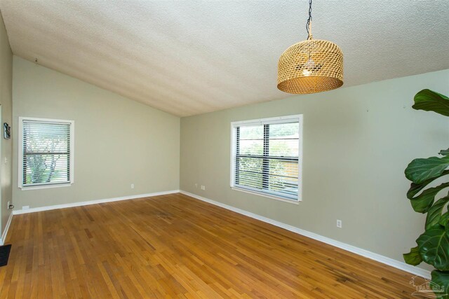 7402 Viewcrest Dr, Pensacola, FL 32504 - empty room with a textured ceiling, healthy amount of natural light, wood-type flooring, lofted ceiling, and baseboards