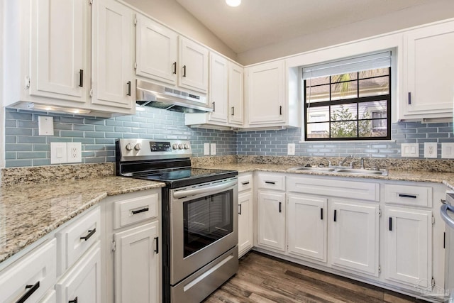 kitchen with white cabinets, electric stove, dark wood-style floors, under cabinet range hood, and a sink