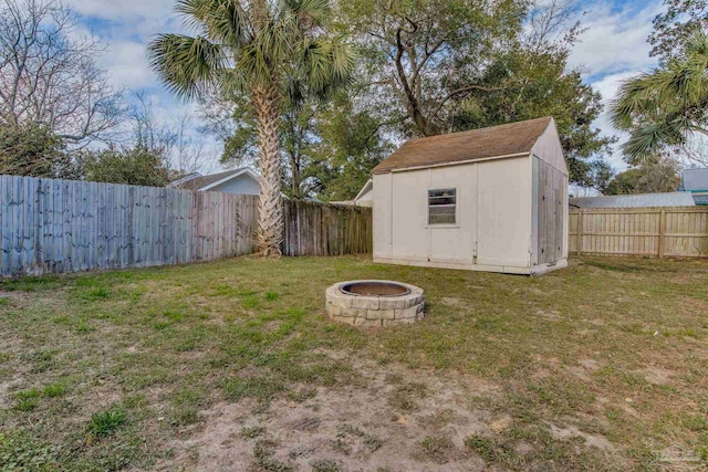 view of yard with a shed, an outdoor structure, and a fenced backyard