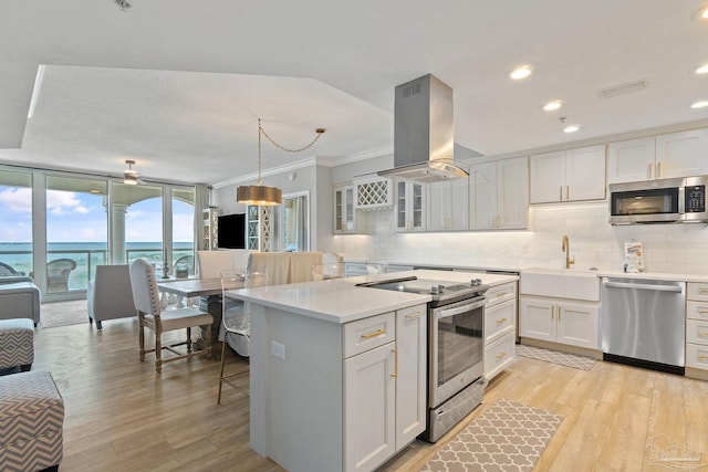 kitchen featuring white cabinetry, island range hood, and appliances with stainless steel finishes