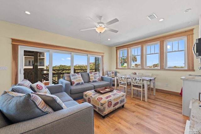 800 Via Deluna Dr, Pensacola Beach, FL 32561 - living area featuring baseboards, visible vents, light wood finished floors, recessed lighting, and ceiling fan