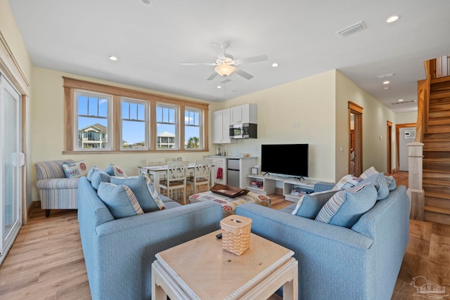 800 Via Deluna Dr, Pensacola Beach, FL 32561 - living room featuring recessed lighting, visible vents, ceiling fan, and light wood finished floors