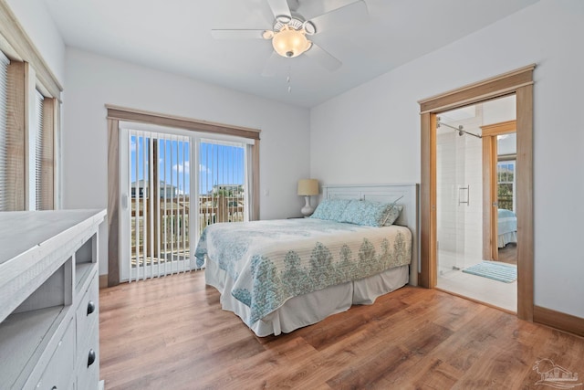 800 Via Deluna Dr, Pensacola Beach, FL 32561 - bedroom featuring access to exterior, ensuite bath, light wood-style floors, baseboards, and ceiling fan