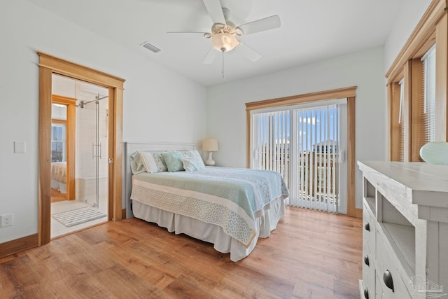 800 Via Deluna Dr, Pensacola Beach, FL 32561 - bedroom with baseboards, visible vents, ceiling fan, access to outside, and light wood-type flooring