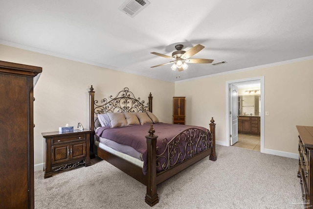 4621 Riley Rd, Milton, FL 32583 - bedroom with light carpet, crown molding, ensuite bathroom, and a ceiling fan