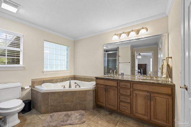 4621 Riley Rd, Milton, FL 32583 - full bathroom with double vanity, tile patterned flooring, a garden tub, a shower stall, and crown molding