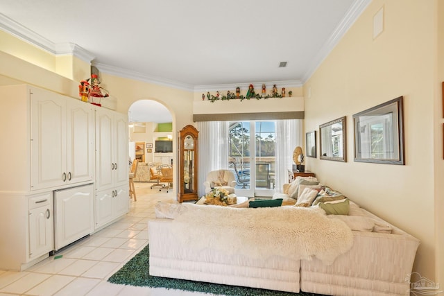 tiled living room with crown molding