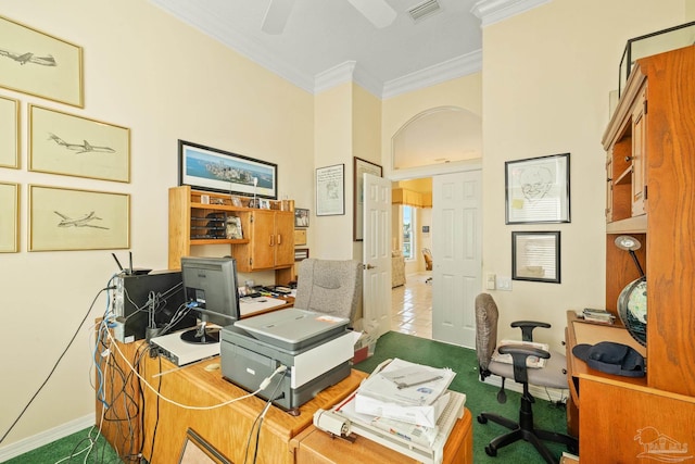 home office featuring ceiling fan and ornamental molding