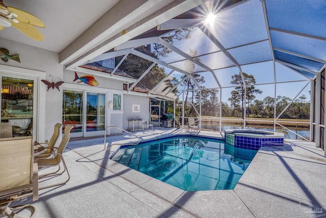 view of swimming pool featuring glass enclosure, ceiling fan, an in ground hot tub, central AC, and a patio area