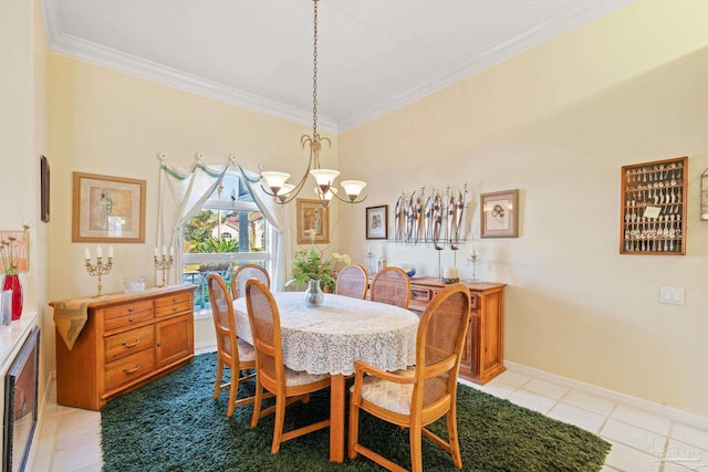 tiled dining room featuring a chandelier and crown molding