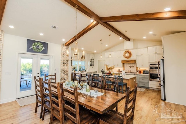 dining room featuring french doors, vaulted ceiling with beams, visible vents, light wood-style floors, and baseboards