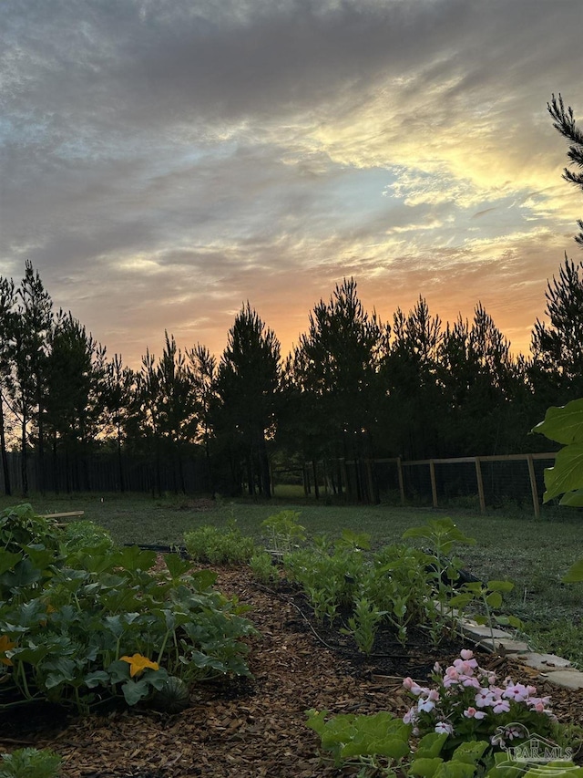 yard at dusk featuring fence