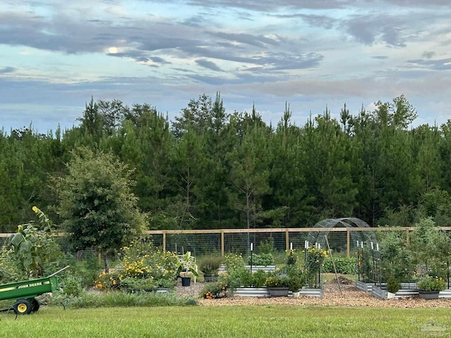 view of community featuring a vegetable garden and a wooded view