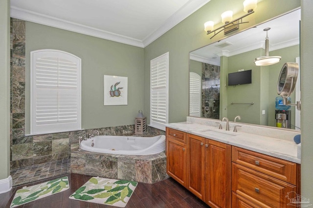 337 Grande Oaks Blvd, Cantonment, FL 32533 - full bath with crown molding, wood finished floors, vanity, and a whirlpool tub