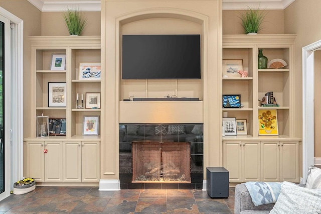337 Grande Oaks Blvd, Cantonment, FL 32533 - living room with built in features, ornamental molding, and a tiled fireplace