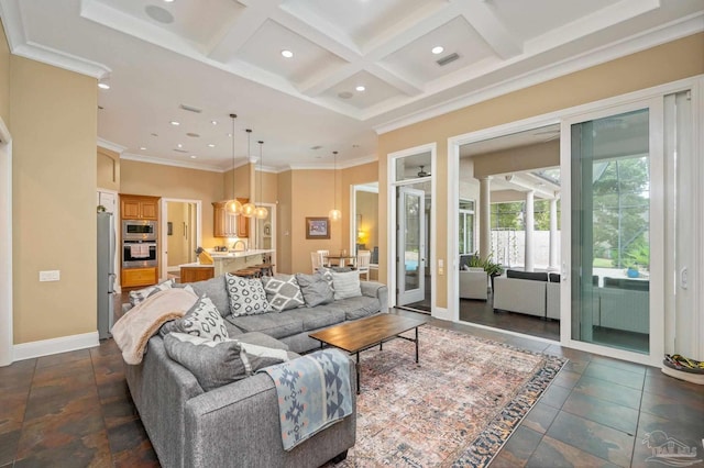 337 Grande Oaks Blvd, Cantonment, FL 32533 - living room with coffered ceiling, ornamental molding, recessed lighting, a chandelier, and beamed ceiling