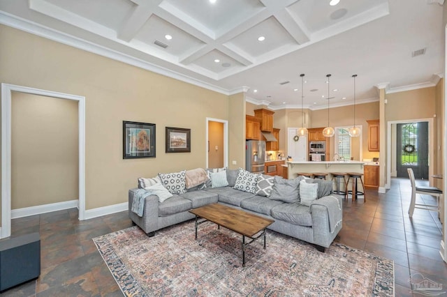 337 Grande Oaks Blvd, Cantonment, FL 32533 - living room featuring baseboards, recessed lighting, crown molding, coffered ceiling, and beam ceiling