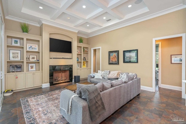 337 Grande Oaks Blvd, Cantonment, FL 32533 - living area featuring a high end fireplace, stone tile flooring, built in shelves, recessed lighting, and coffered ceiling