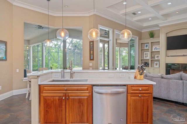 337 Grande Oaks Blvd, Cantonment, FL 32533 - kitchen featuring dishwasher, open floor plan, a sink, light countertops, and beamed ceiling
