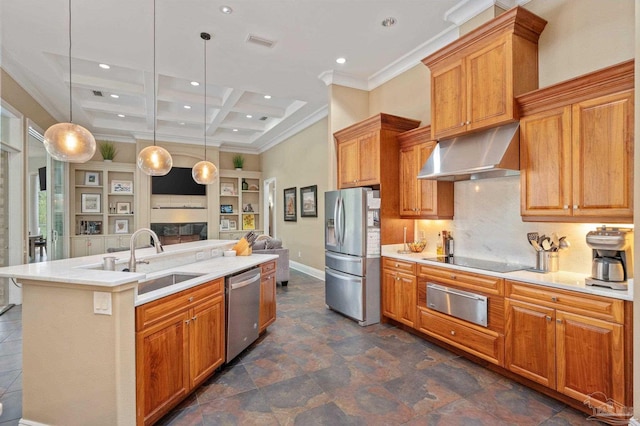 337 Grande Oaks Blvd, Cantonment, FL 32533 - kitchen featuring stainless steel appliances, a warming drawer, a sink, exhaust hood, and coffered ceiling