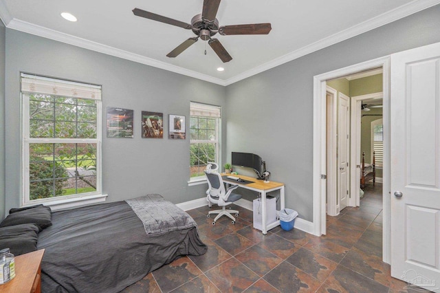 337 Grande Oaks Blvd, Cantonment, FL 32533 - bedroom with baseboards, ornamental molding, an office area, stone finish floors, and recessed lighting