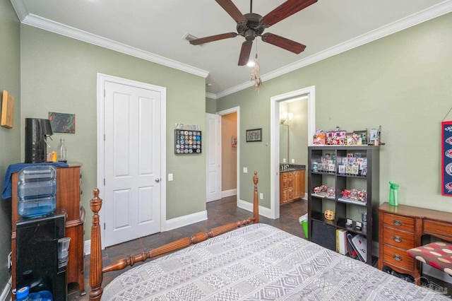 337 Grande Oaks Blvd, Cantonment, FL 32533 - bedroom with crown molding, baseboards, a ceiling fan, and ensuite bathroom