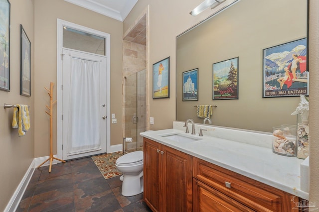 337 Grande Oaks Blvd, Cantonment, FL 32533 - bathroom featuring vanity, toilet, baseboards, a shower stall, and stone finish floors