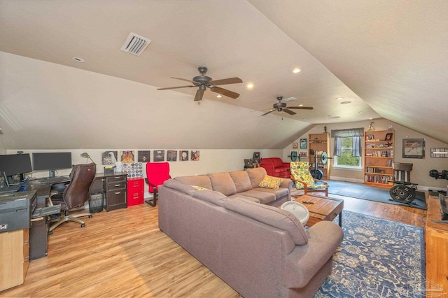 337 Grande Oaks Blvd, Cantonment, FL 32533 - living area featuring light wood-style flooring, ceiling fan, a desk, vaulted ceiling, and recessed lighting