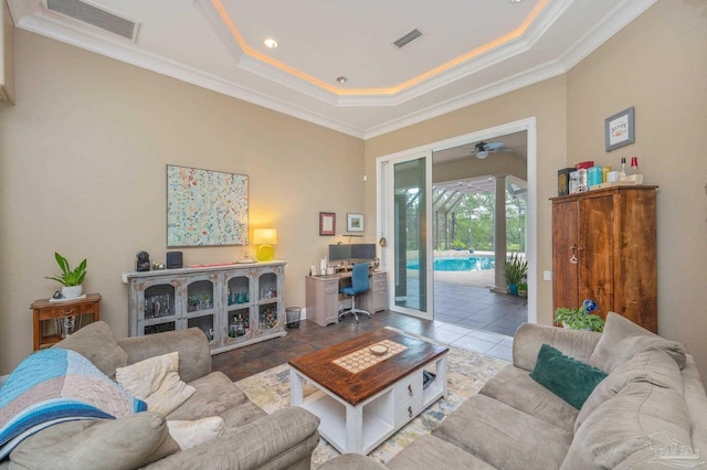 337 Grande Oaks Blvd, Cantonment, FL 32533 - living room with crown molding, ceiling fan, an office area, and a tray ceiling