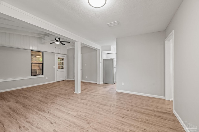 4905 State St, Pensacola, FL 32506 - unfurnished living room with light wood-type flooring, a ceiling fan, baseboards, and a textured ceiling