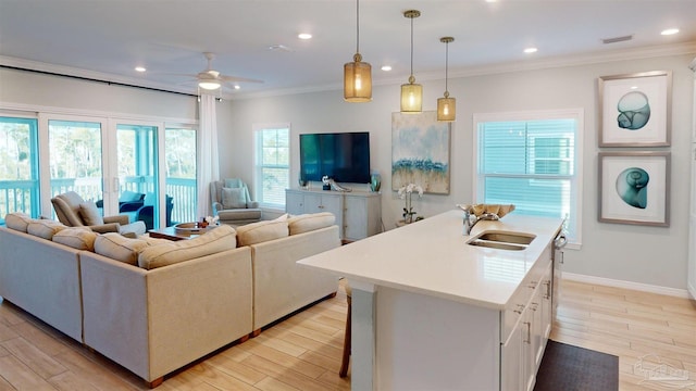 living room featuring a wealth of natural light, ceiling fan, sink, and light hardwood / wood-style flooring