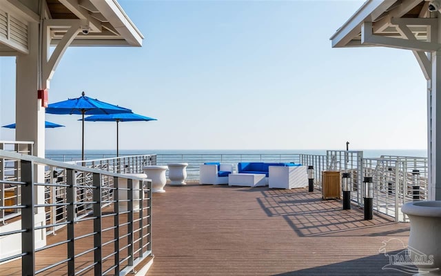 view of patio featuring a water view