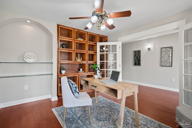 office space featuring dark hardwood / wood-style floors and ceiling fan