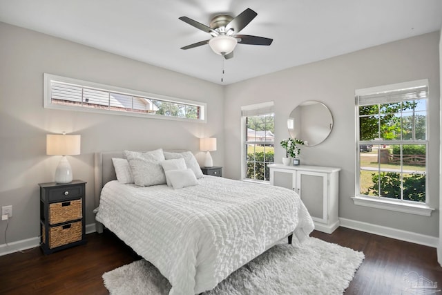 bedroom with multiple windows, ceiling fan, and dark hardwood / wood-style flooring