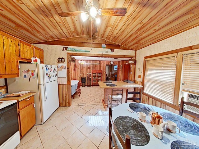 kitchen featuring light tile patterned floors, white appliances, lofted ceiling, and wood ceiling