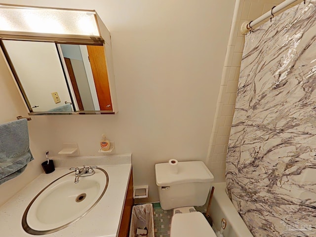 full bathroom with shower / bath combo, toilet, and vanity